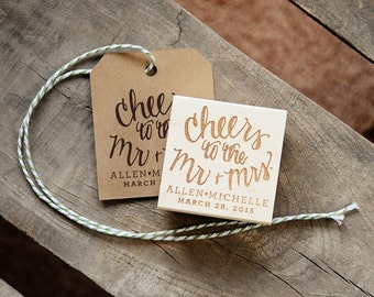 Cheers to the Mr. and Mrs. Stamp, Personalized Rubber Stamp for Mini Champagne Bottles.