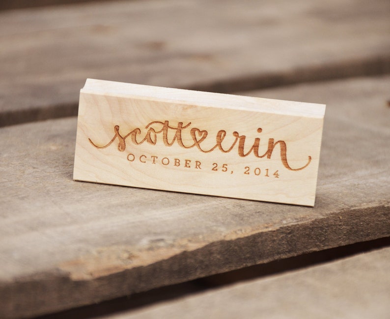 Names with Wedding Date or Last Name Personalized Handwritten Calligraphy and Digital Text Rubber Stamp