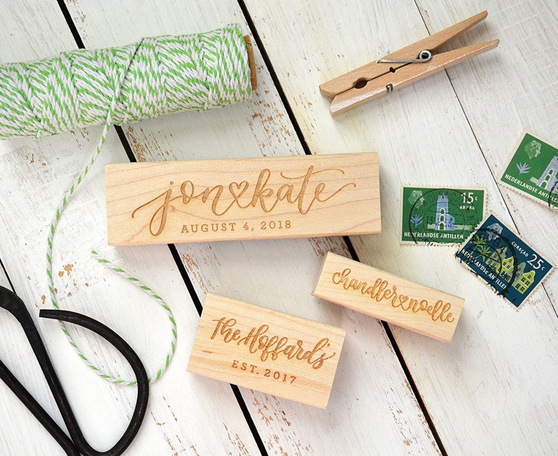 Names with Wedding Date or Last Name Personalized Handwritten Calligraphy and Digital Text Rubber Stamp