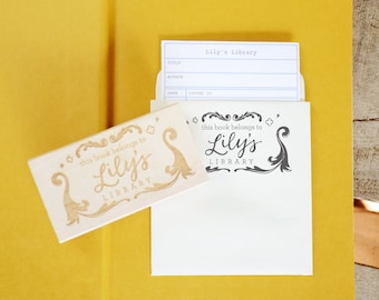 Personalized Library Cards with Self-Adhesive Pocket Holder and Bookplate Rubber Stamp