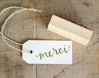 Merci Wood Mounted Rubber Stamp, For Thank You Cards, Wedding Favor Tags, and More!