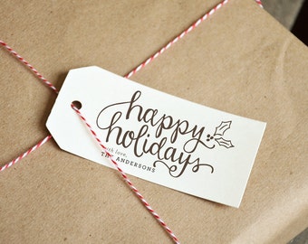 Happy Holidays Stamp for Personalized Gift Tags, Christmas Rubber Stamp for Gift Wrapping