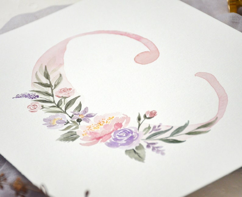 May include: A watercolor painting of the letter C with pink and purple flowers and leaves.