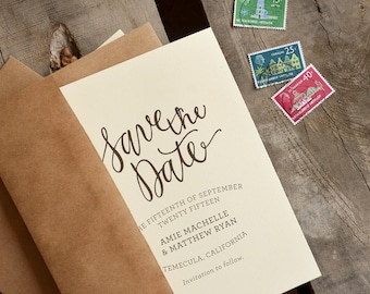 Save the Date, Hand Written Script Rubber Stamp with Names, Date, and Location