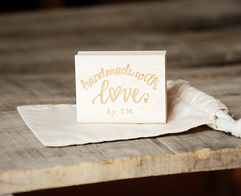 Handmade With Love Rubber Stamp - Large 3.75 Inch Rectangle Craft Stamp With Hearts & Script