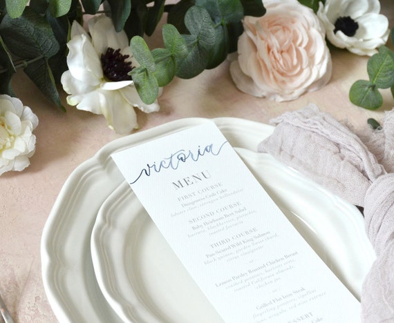 Personalized Wedding Reception Menus, Custom Printed Wedding Reception Menu Card with Guest Name written in Watercolor Calligraphy