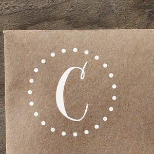 Single Letter Monogram Stamp, Handwritten Initial Rubber Stamp with Polka Dot Circle