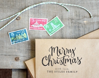 Merry Christmas Rubber Stamp, DIY Personalized Holiday Gift Tags.