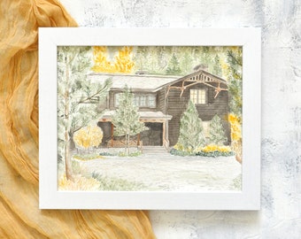 Custom Watercolor Home Painting. Woodsy Cabin House Painting.