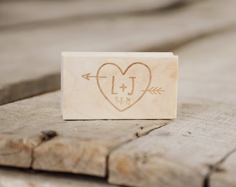 Monogram Rubber Stamp, Initials with Heart and Arrow. Personalized Custom Stamp with Wedding Date for Woodsy Rustic Wedding.