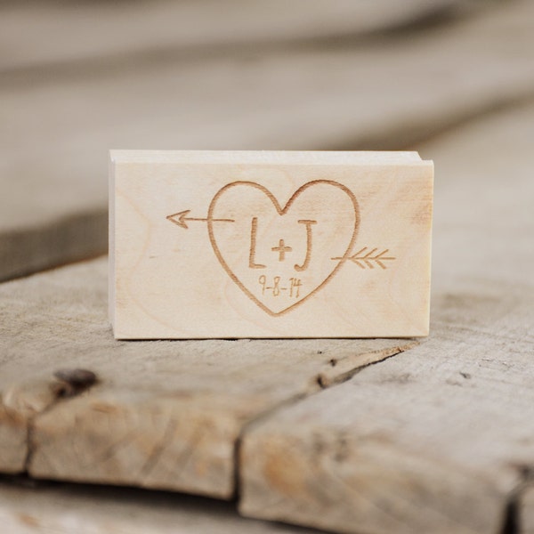 Monogram Rubber Stamp, Initials with Heart and Arrow. Personalized Custom Stamp with Wedding Date for Woodsy Rustic Wedding.