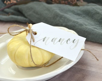 Watercolor Calligraphy Thanksgiving Place Cards, Personalized Name Tags, Fall Wedding Place cards, Handwritten Placecards, Escort Cards