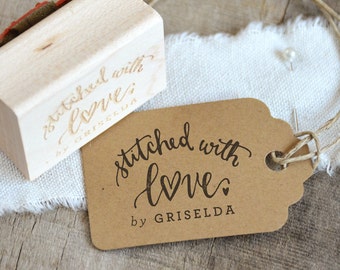 Stitched With Love Stamp for Sewing Tags, Personalized Sewing Rubber Stamp
