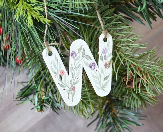 Handpainted Initial Ornament, Watercolor Floral Vines or Pine Branch Christmas Stocking Stuffer, Gift Tag, or for Holiday Garland