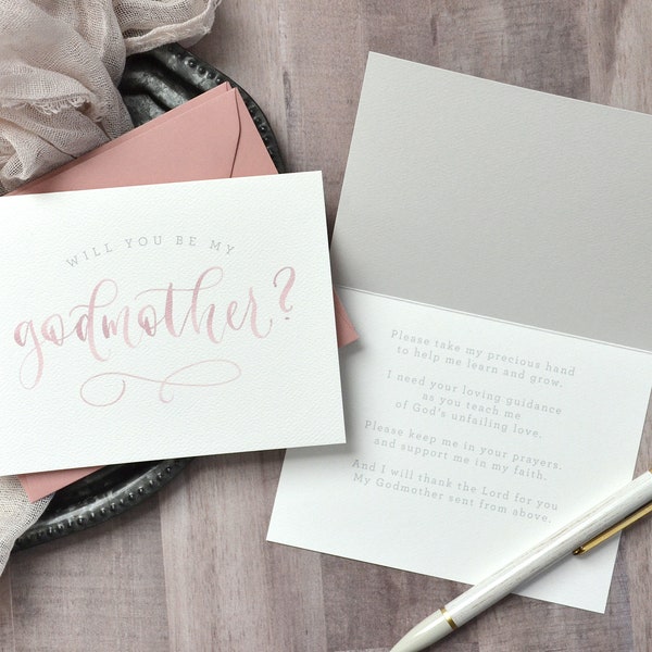 Will You Be My Godmother Card with Poem Inscription, Godfather and Godparents Card - Painted Watercolor Godparent Card Design, Baptism Gift