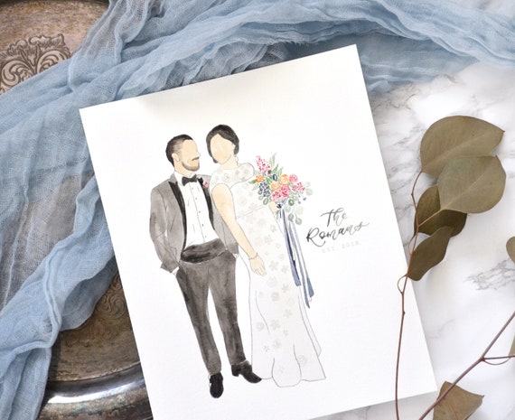 Watercolor Wedding Portrait With Floral Bouquet Handpainted | Etsy