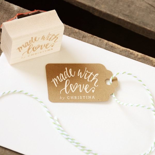 Made With Love Custom Stamp, Handwritten Rubber Stamp Personalized with Name, Shop and Business stamp