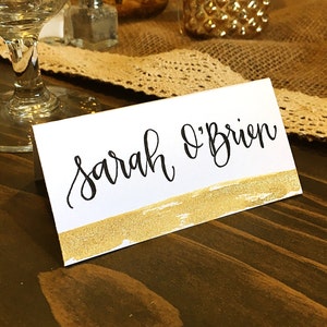 Glitter Dipped Place Cards Handwritten Personalized Tent Cards, Calligraphy Placecards, Watercolor Wash Escort Cards, Gold Name Cards