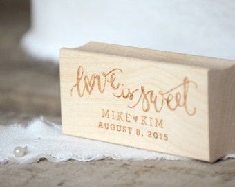 Love is Sweet Wedding Favor Stamp, Personalized Horizontal Rubber Stamp with Names and Wedding Date for Treat Station Tags and Candy Bags