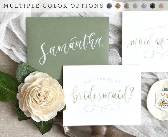 Watercolor Will You Be My Bridesmaid Cards with Personalized Envelope. Printed Bridesmaid Proposal, Bridal Party Cards - Maid of Honor Gift