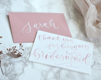 Tarjetas de acuarela "Gracias por ser mi dama de honor". Tarjetas pintadas a mano para la fiesta nupcial, tarjetas para el día de la boda de la dama o matrona de honor y más.