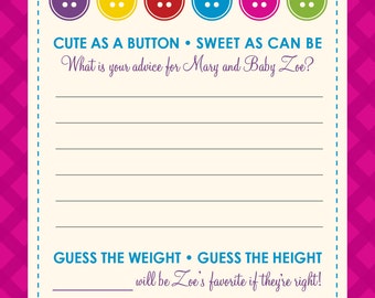 Baby shower game card - Cute as a Button, Advice & height/weight guess game, printable