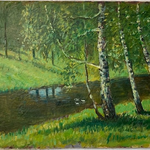 VINTAGE ORIGINAL oil PAINTING, socialist realism landscape, rural, oil on fibreboard, ussr period art