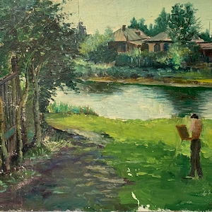 PINTURA A ÓLEO ORIGINAL VINTAGE, realismo socialista, artista plein air, rural, óleo sobre papelão, arte do período da URSS