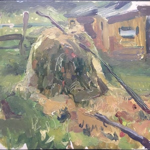 VINTAGE ORIGINAL oil PAINTING, socialist realism, landscape, a stack of hay, oil on plastic, ussr period art