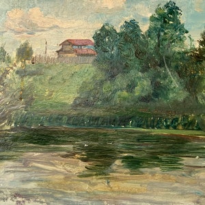 PINTURA al óleo ORIGINAL VINTAGE, paisaje de realismo socialista, rural, óleo sobre cartón, arte del período urss