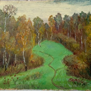 VINTAGE ORIGINAL oil PAINTING, socialist realism, landscape, rural, oil on cardboard, ussr period art