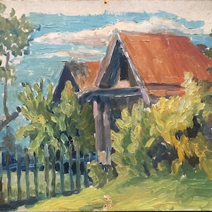 PINTURA al óleo ORIGINAL VINTAGE, realismo socialista, paisaje, rural, óleo sobre cartón, arte de época urss
