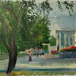 PINTURA A ÓLEO ORIGINAL VINTAGE, realismo socialista, paisagem urbana, rural, óleo sobre papelão, arte do período da URSS