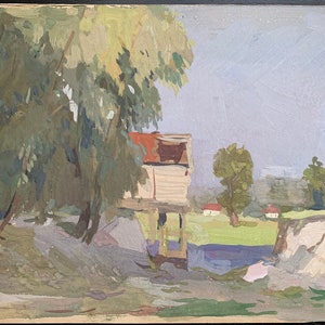 VINTAGE ORIGINAL watercolour PAINTING, socialist realism, landscape, rural, gouache on paper, ussr period art