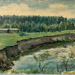 VINTAGE ORIGINAL oil PAINTING, socialist realism landscape, rural, oil on cardboard, ussr period art