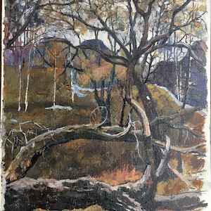 VINTAGE ORIGINAL oil PAINTING, socialist realism, landscape, rural, oil on cardboard, ussr period art