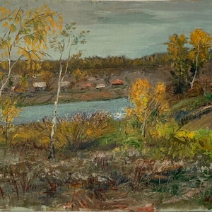 PINTURA A ÓLEO ORIGINAL VINTAGE, paisagem de realismo socialista, rural, óleo sobre papelão, arte do período da URSS