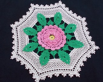 Rose Doily, Lacy Flower Doily, Wedding Decor, Cotton Doily, Crochet Placemat, Vintage Table Topper, 13 Inch, Octagon, Eight Sides