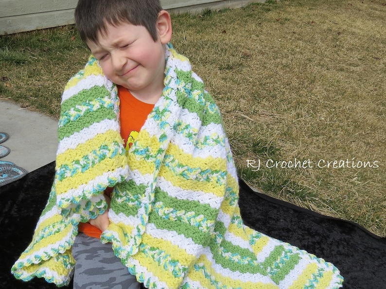 Crochet Striped Baby Blanket Afghan Green Yellow