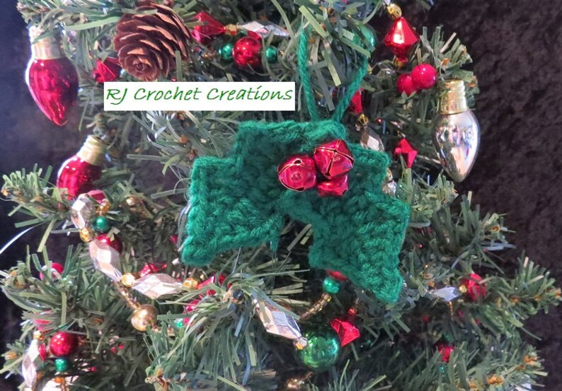 Crocheted Holly Berry Leaves Christmas Ornament