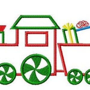 May include: A red and green toy train with a candy cane wheel design pulls a box car filled with colorful wrapped gifts.