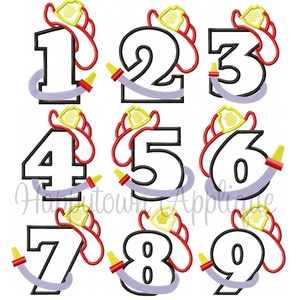 May include: Set of ten embroidery designs featuring numbers 1-10 with a firefighter hat and hose. The numbers are outlined in black and filled in white. The firefighter hat is red with a yellow brim and the hose is red with a yellow nozzle.
