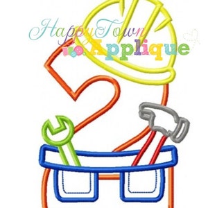 May include: A colorful embroidered design of the number two with a construction worker theme. The number is outlined in orange and filled with yellow. A yellow hard hat sits on top of the number. A blue tool belt with pockets hangs below the number. A green wrench, a red hammer, and a red screwdriver are in the tool belt.