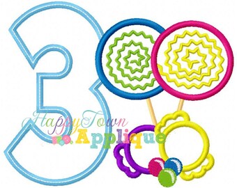Cumpleaños de caramelo Número 3 Diseño de bordado de la máquina