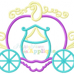 May include: A purple and yellow embroidery design of a carriage with wheels. The carriage has a rounded top with a yellow and white design. The design is perfect for a craft project.