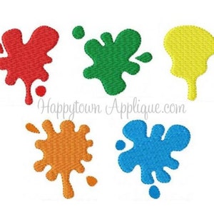 May include: Five paint splatters in different colors: red, green, yellow, orange, and blue. Each splatter has a dripping effect at the bottom.