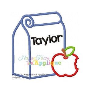 May include: Blue lunch bag with a red apple and the name "Taylor" written in black.