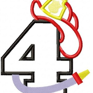 May include: A white number four with a black outline. A red and yellow firefighter's hat is on top of the number. A purple and red hose is attached to the bottom of the number.