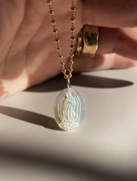 Virgin Mother Mary Talisman Necklace: Mother-of-Pearl Cabochon Pendant