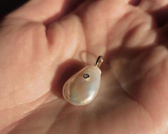 Baroque Pearl Talisman Necklace: Diamond Accent, 14k Gold or Sterling Silver